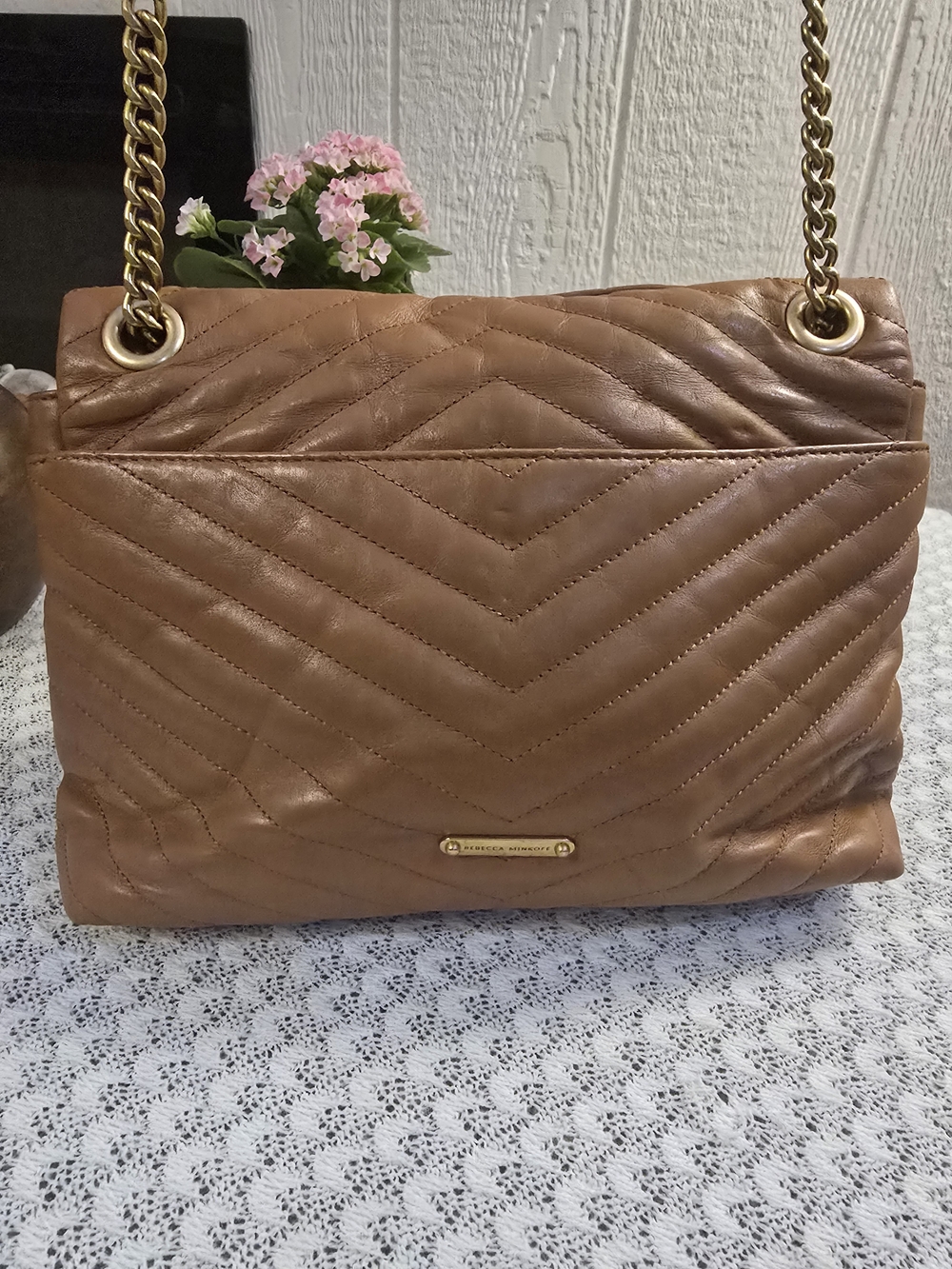 Rebecca Minkoff Tan Quilted Leather Shoulder Bag with Gold Chain